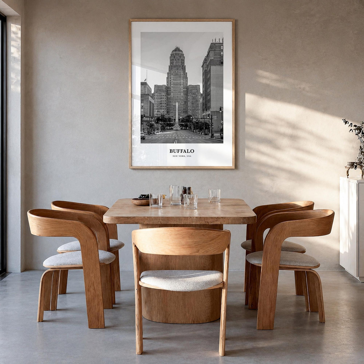 Buffalo no. 1 black & white classic poster of New York, USA – vertical wall art in natural wood frame, hanging on wall