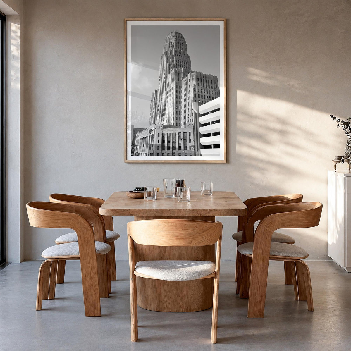 Buffalo no. 1 black & white photo poster of New York, USA – vertical wall art in natural wood frame with white border, hangin