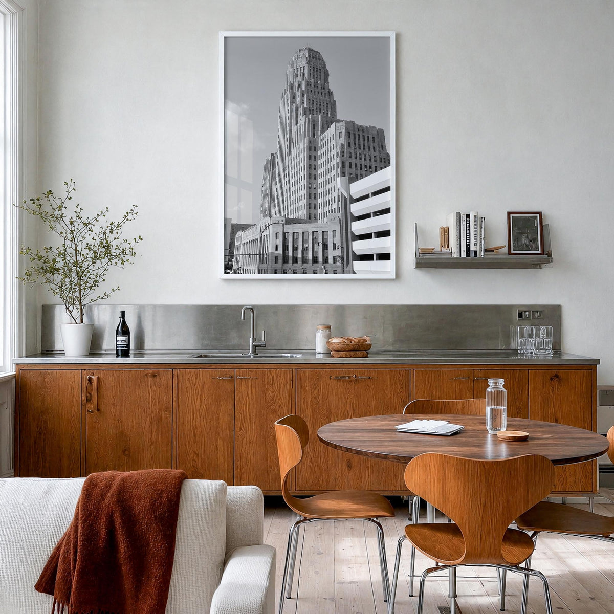 Buffalo no. 1 black & white photo poster of New York, USA – vertical wall art in white wood frame, hanging on wall