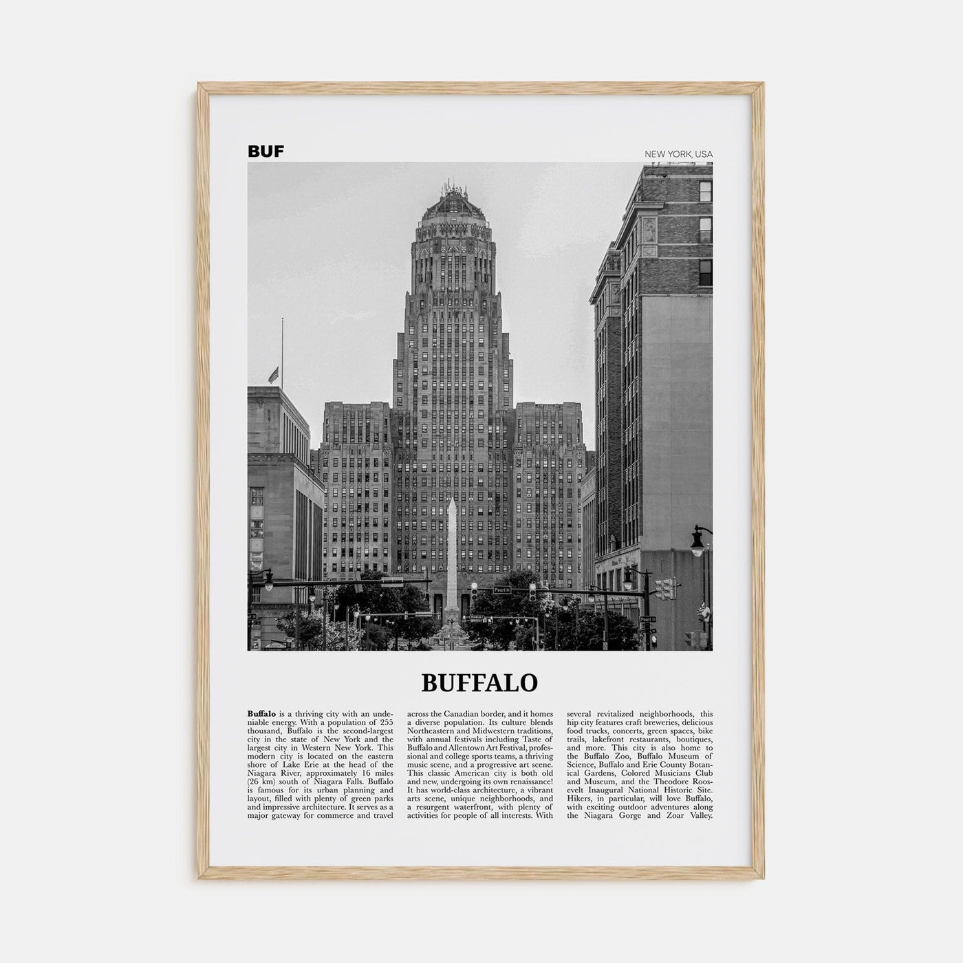 Buffalo No 1 Poster Natural Wood / 8x12 in Nbourhood Travel B&W Poster