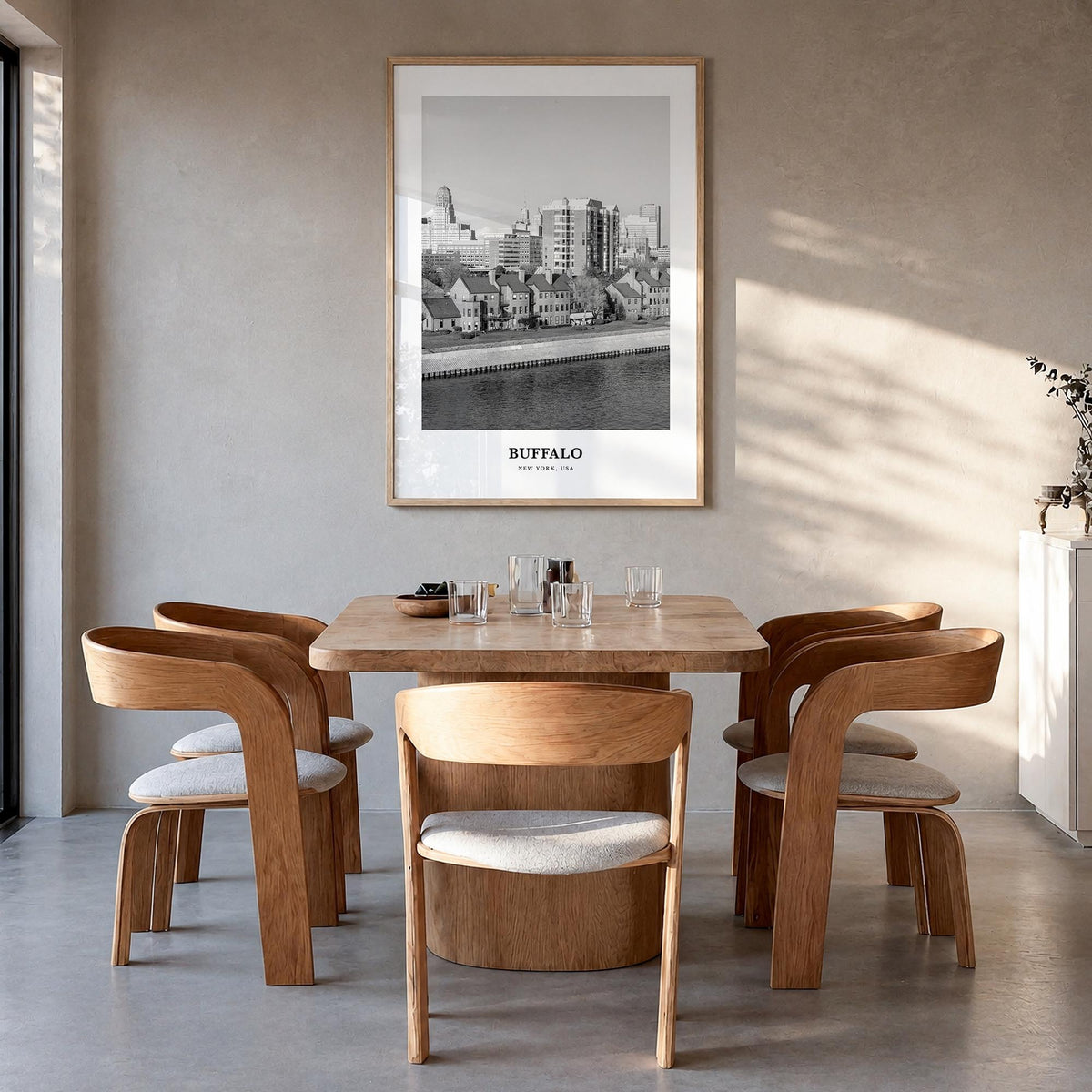 Buffalo no. 2 black & white classic poster of New York, USA – vertical wall art in natural wood frame, hanging on wall