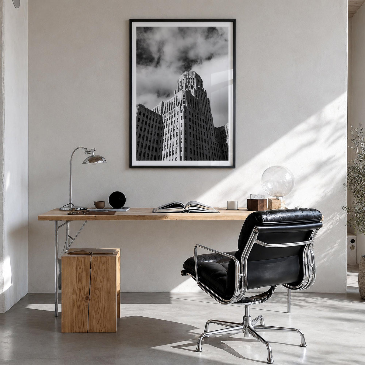 Buffalo no. 2 black & white photo poster of New York, USA – vertical wall art in black wood frame with white border, hanging 