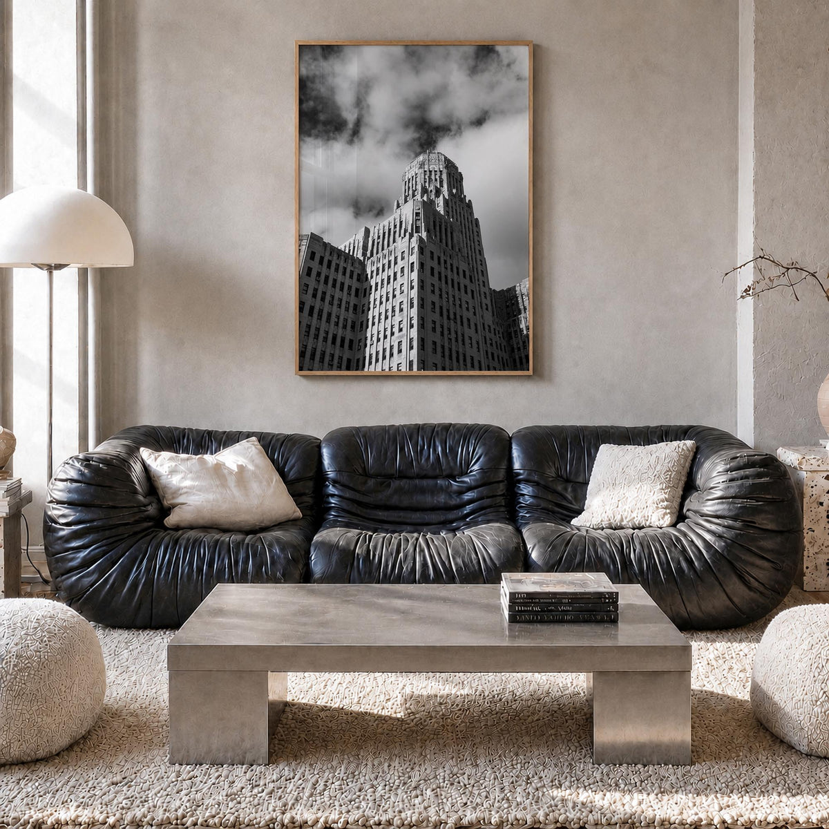 Buffalo no. 2 black & white photo poster of New York, USA – vertical wall art in natural wood frame, hanging on wall