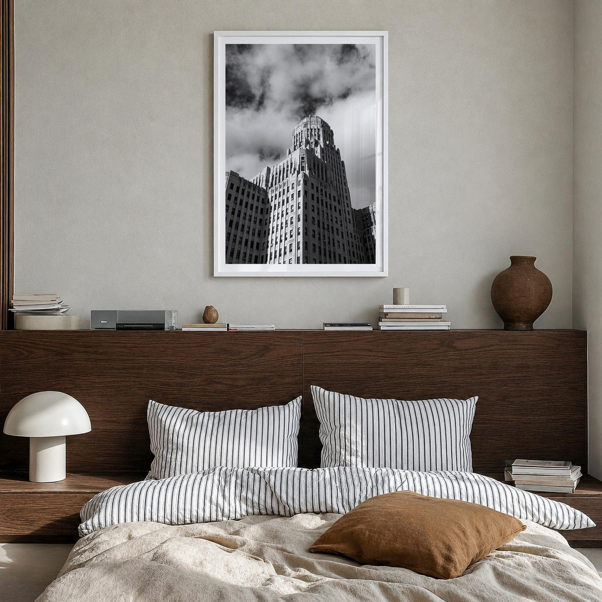 Buffalo no. 2 black & white photo poster of New York, USA – vertical wall art in white wood frame with white border, hanging 