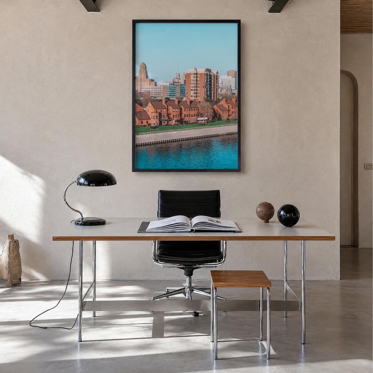 Buffalo no. 2 colorful photo poster of New York, USA – vertical wall art in black wood frame, hanging on wall