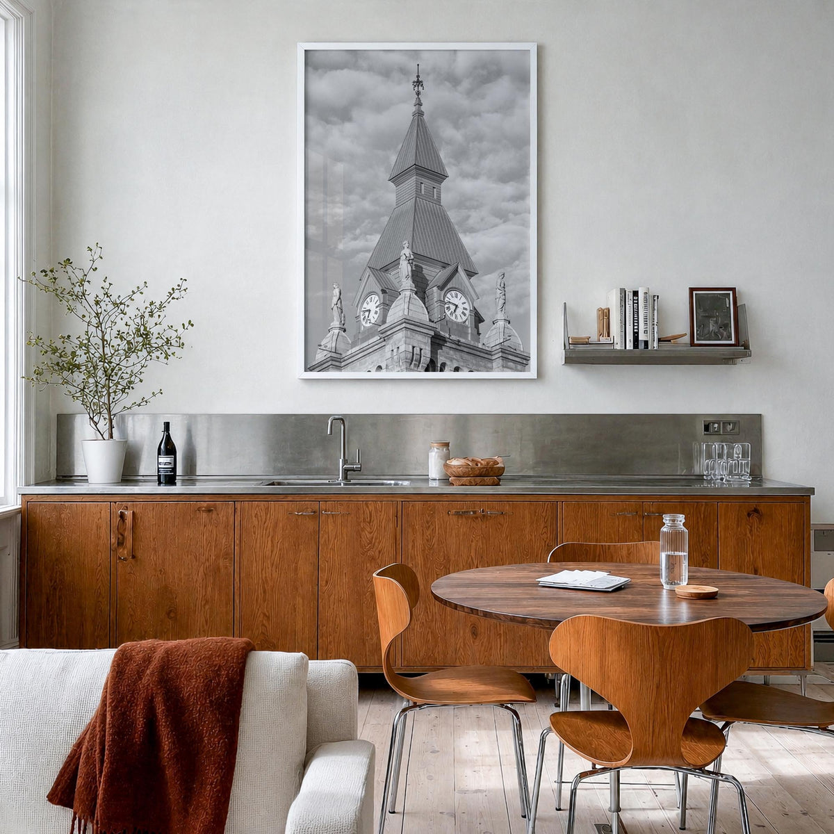 Buffalo no. 3 black & white photo poster of New York, USA – vertical wall art in white wood frame, hanging on wall