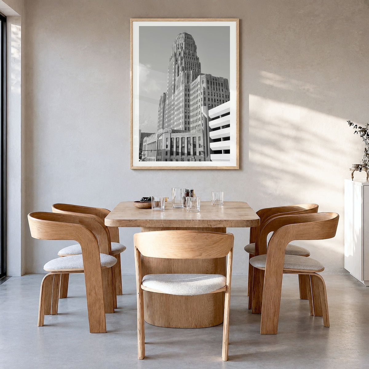 Buffalo Photo No 1 Poster in a natural wood frame, hanging in a dining room, white border