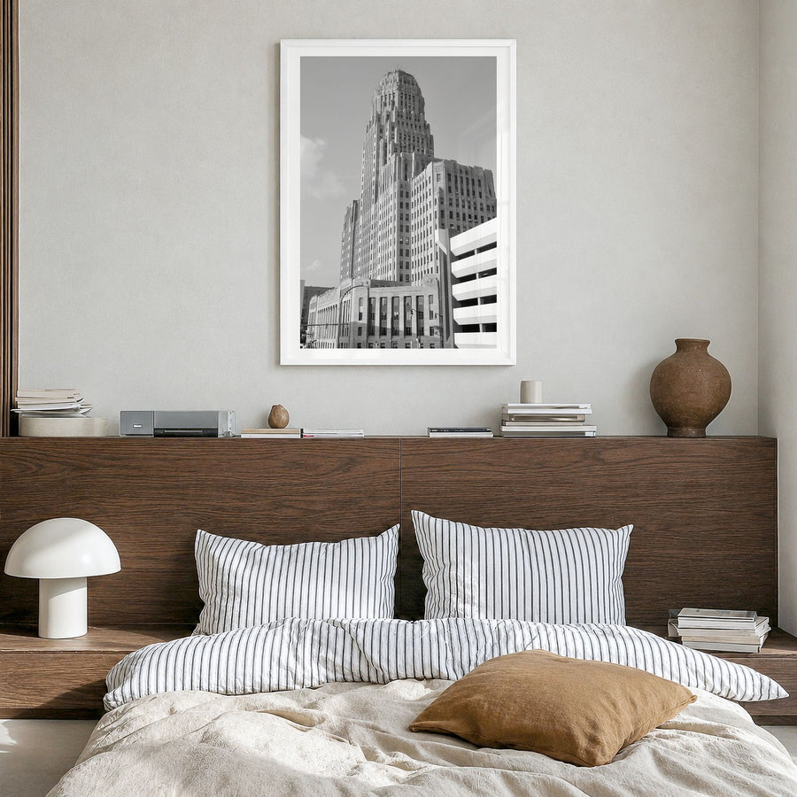 Buffalo Photo No 1 Poster in a white wood frame, hanging in a bedroom, white border