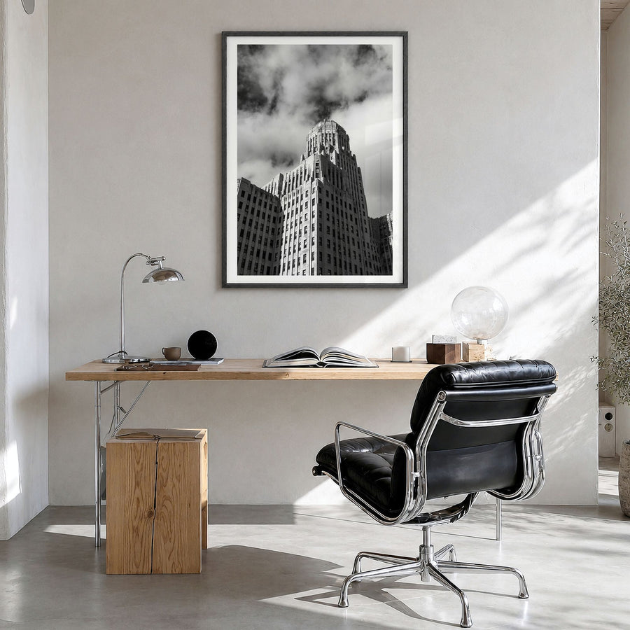 Buffalo Photo No 2 Poster in a black wood frame, hanging in a bright home office, white border