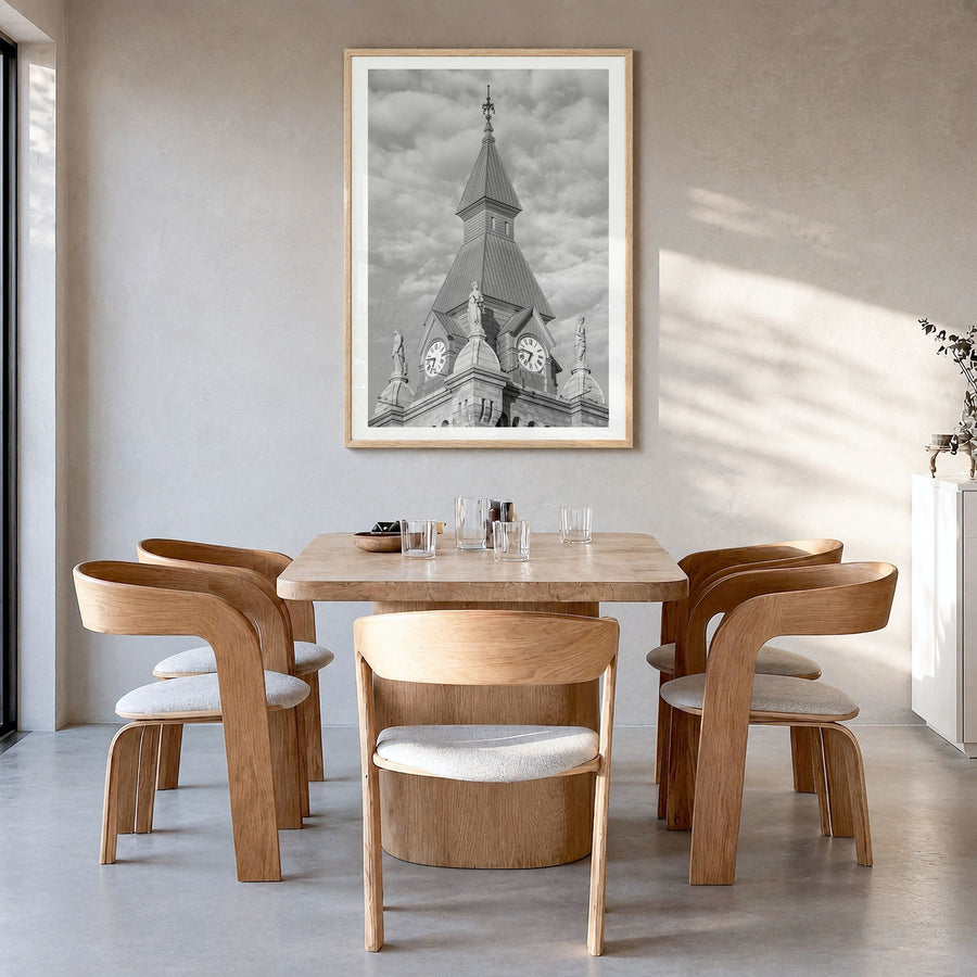 Buffalo Photo No 3 Poster in a natural wood frame, hanging in a dining room, white border