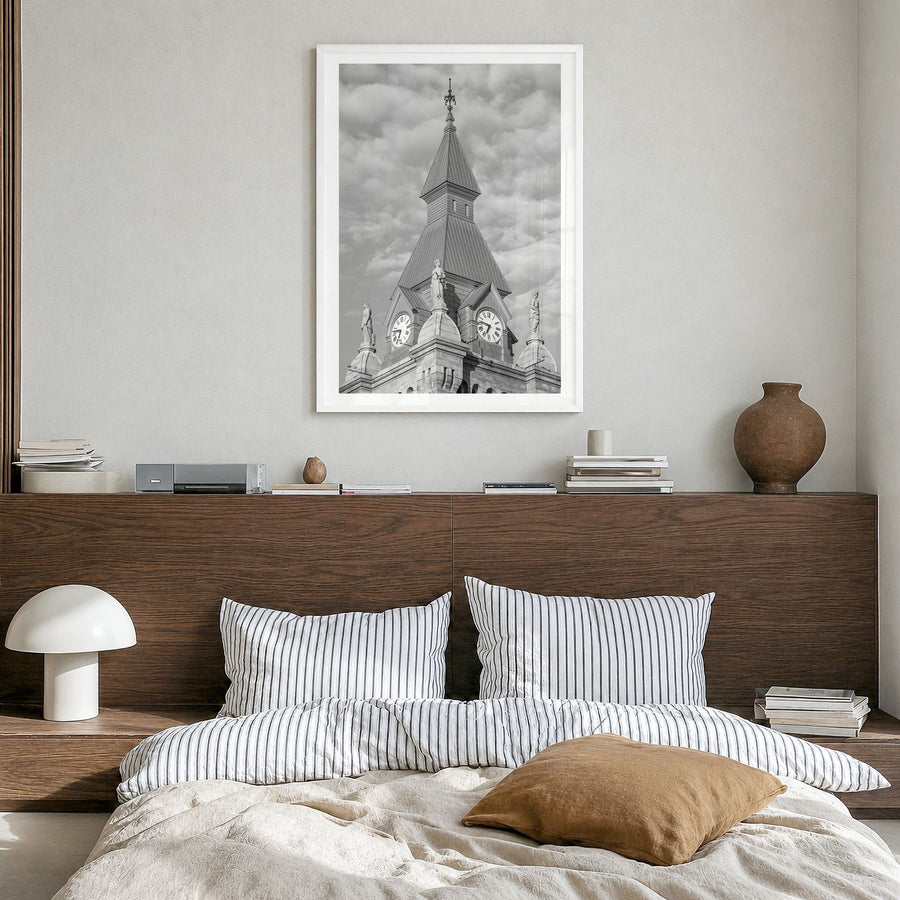 Buffalo Photo No 3 Poster in a white wood frame, hanging in a bedroom, white border