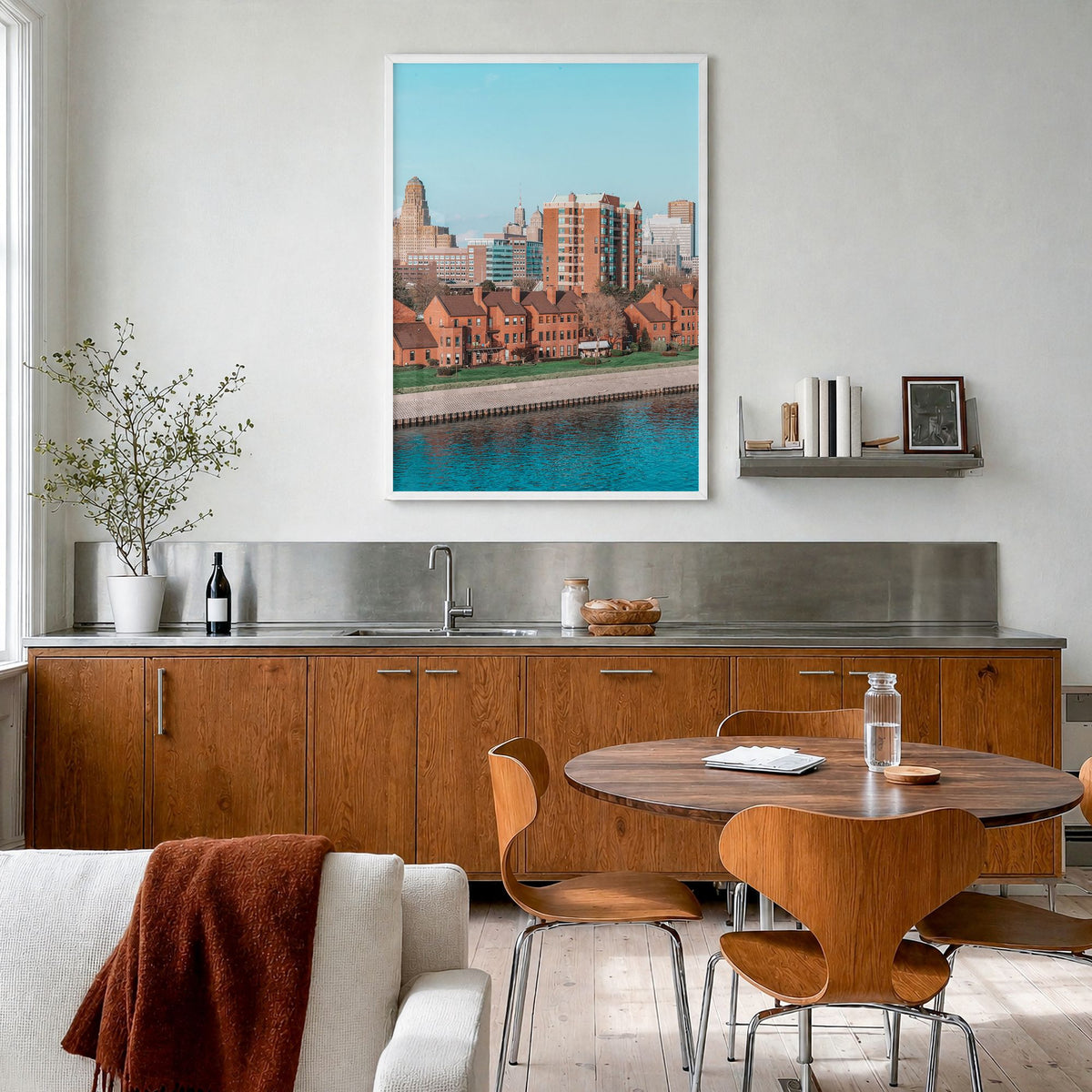 Buffalo Photo No 2 Poster in a white wood frame, hanging in a kitchen with a dining area, full image (no border)