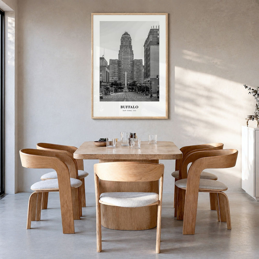 Buffalo Classic No 1 Poster in a natural wood frame, hanging in a dining room