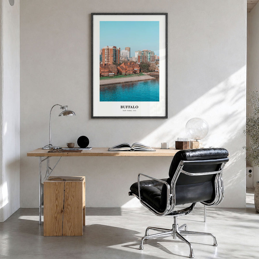 Buffalo Classic Poster in a black wood frame, hanging in a bright home office