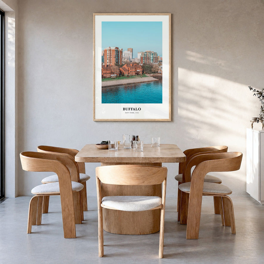 Buffalo Classic Poster in a natural wood frame, hanging in a dining room