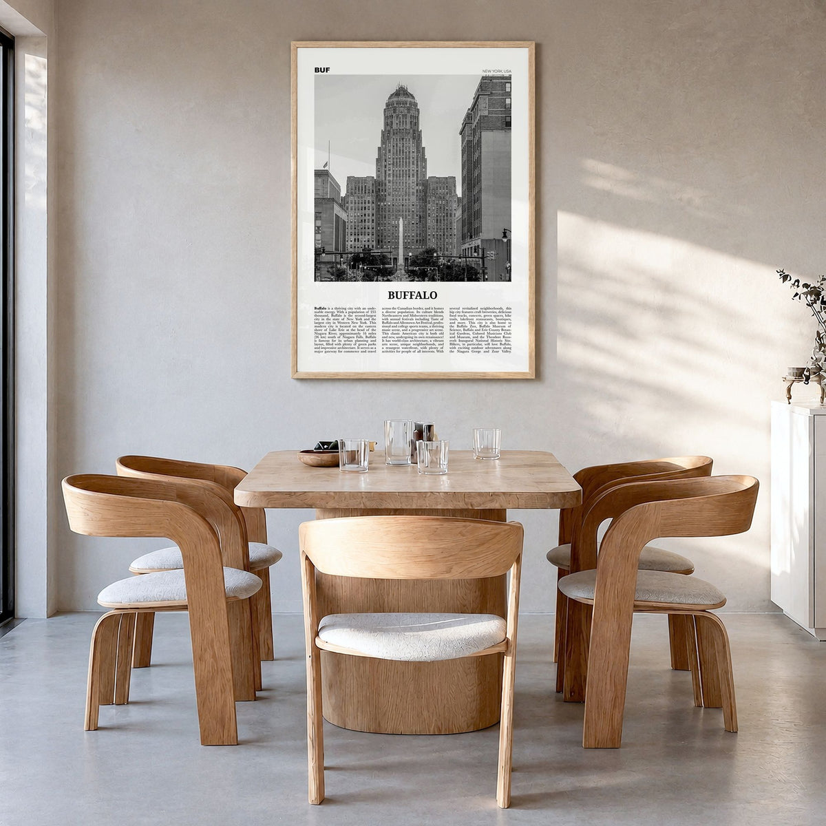 Buffalo Newspaper No 1 Poster in a natural wood frame, hanging in a dining room