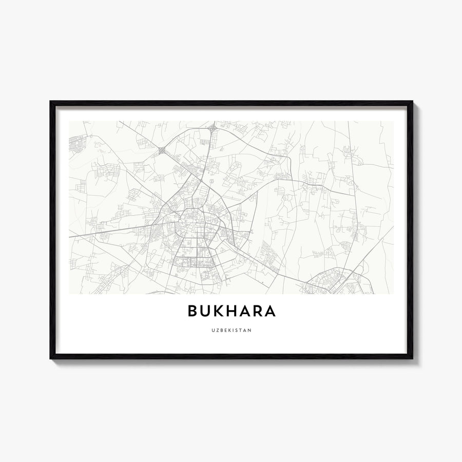 Bukhara black & white map poster of Uzbekistan – horizontal wall art, unframed print shown in interior mockup