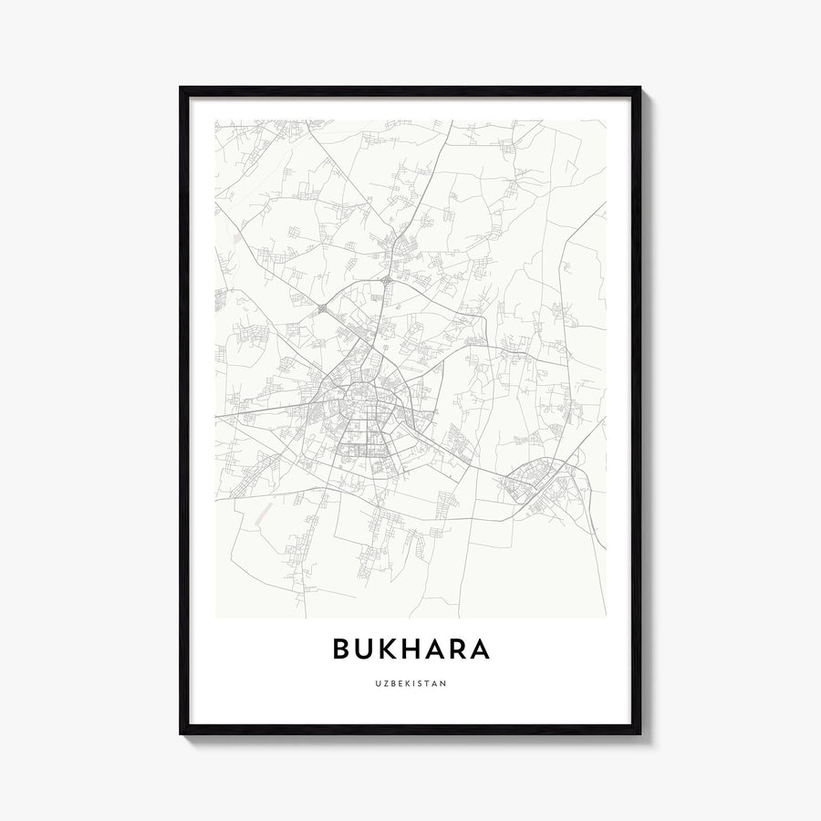 Bukhara black & white map poster of Uzbekistan – vertical wall art, unframed print shown in interior mockup