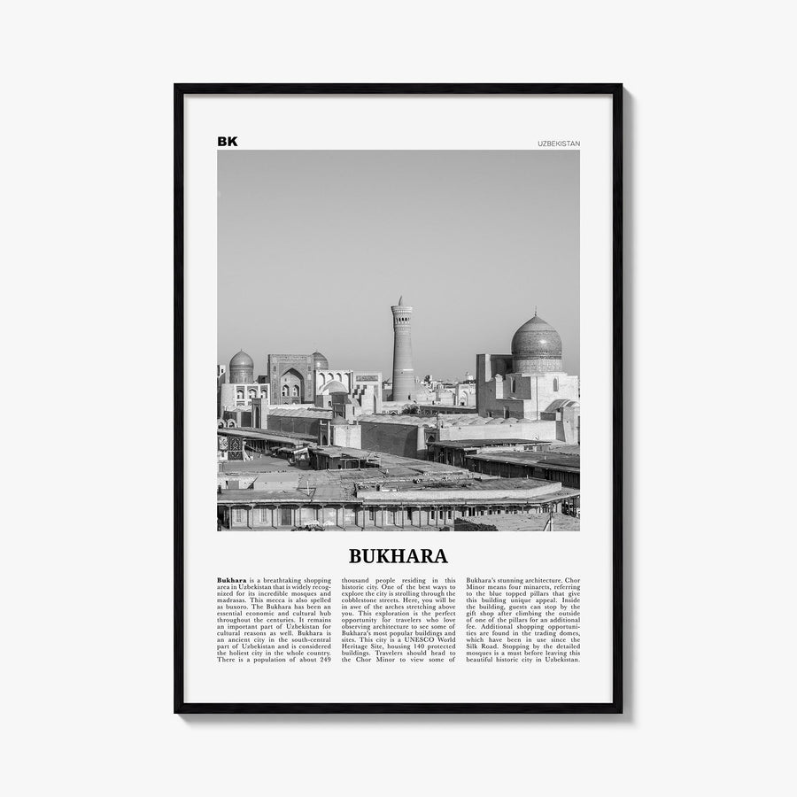 Bukhara black & white newspaper poster of Uzbekistan – vertical wall art, unframed print shown in interior mockup
