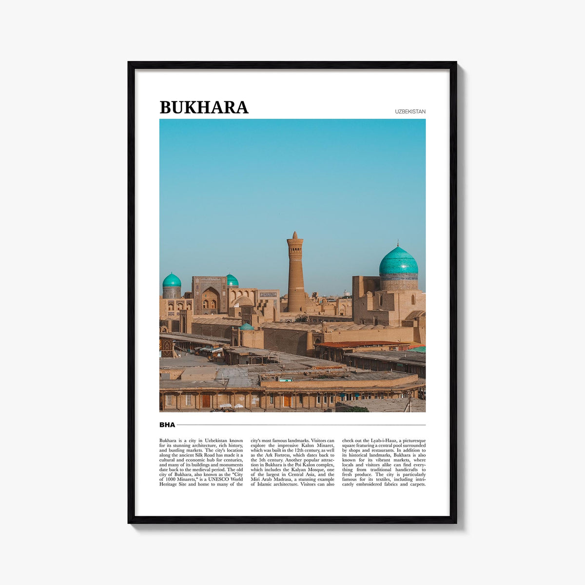 Bukhara colorful travel poster of Uzbekistan – vertical wall art, unframed print shown in interior mockup