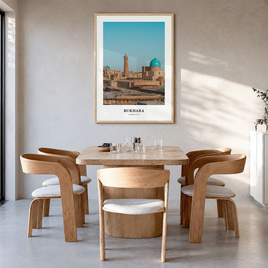 Bukhara Classic Poster in a natural wood frame, hanging in a dining room