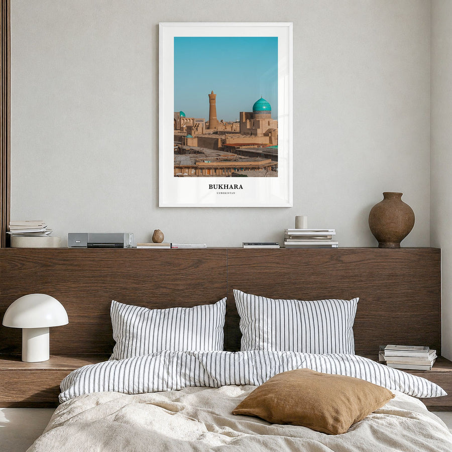 Bukhara Classic Poster in a white wood frame, hanging in a bedroom