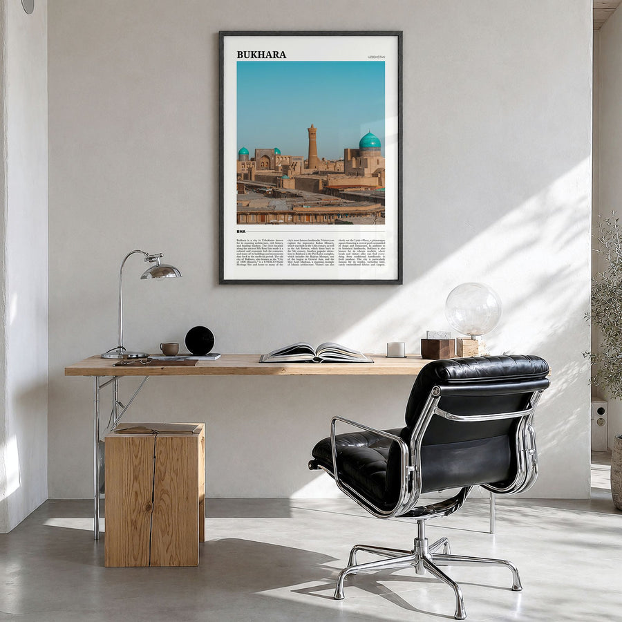 Bukhara Travel Poster in a black wood frame, hanging in a bright home office