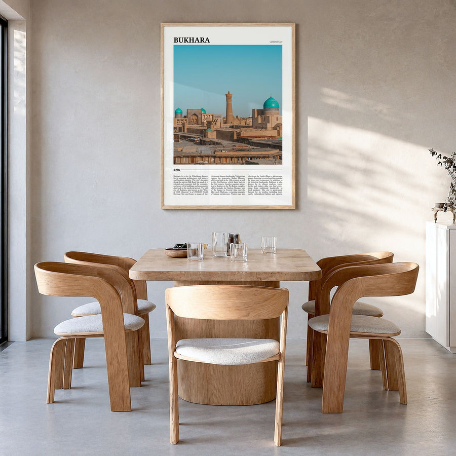Bukhara Travel Poster in a natural wood frame, hanging in a dining room