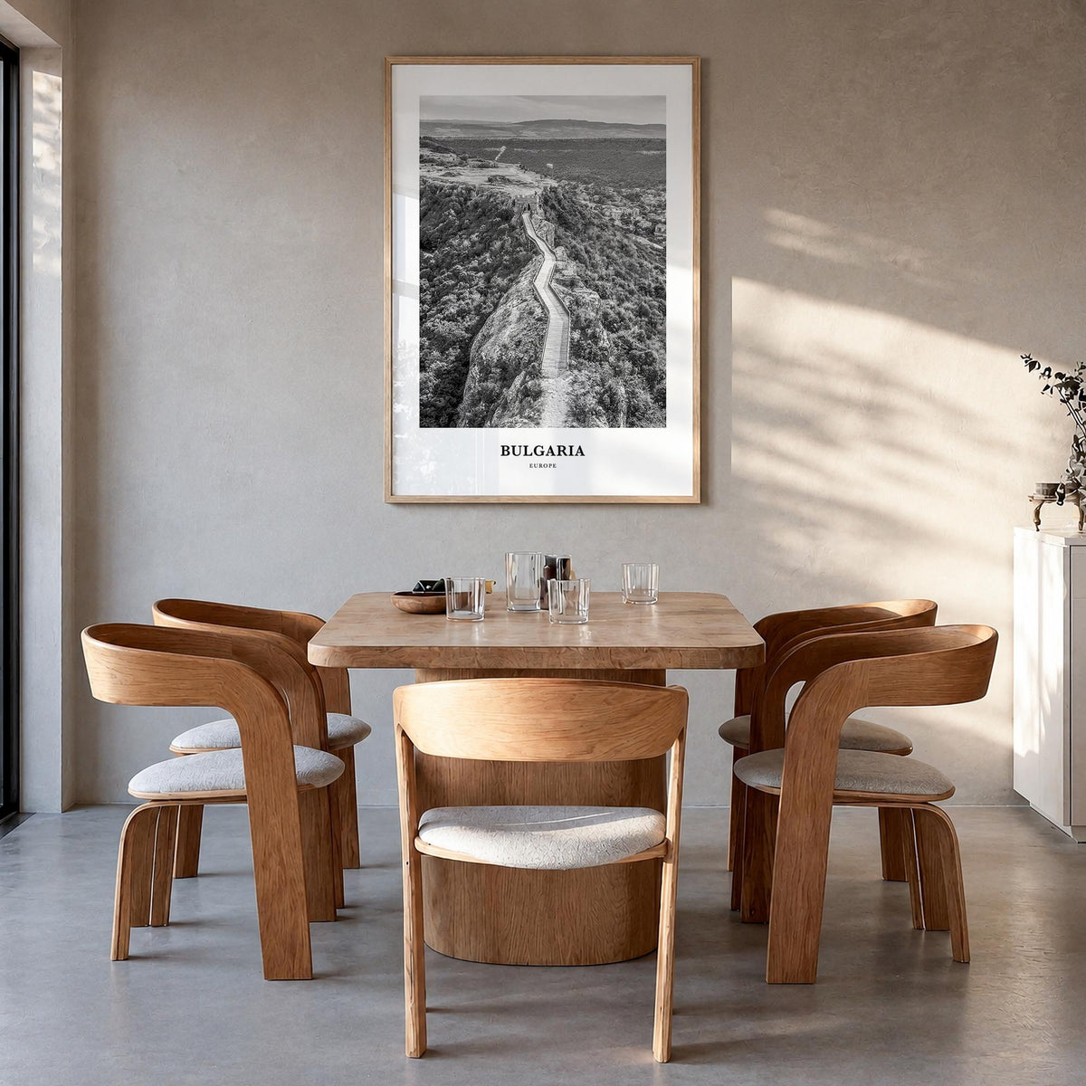 Bulgaria black & white classic poster of Europe – vertical wall art in natural wood frame, hanging on wall