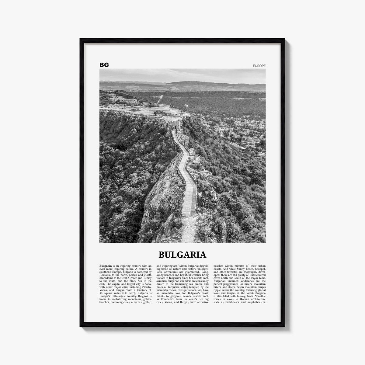 Bulgaria black & white newspaper poster of Europe – vertical wall art, unframed print shown in interior mockup
