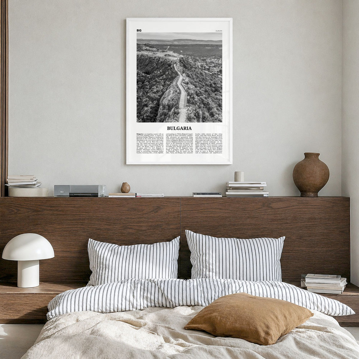 Bulgaria Newspaper Poster in a white wood frame, hanging in a bedroom