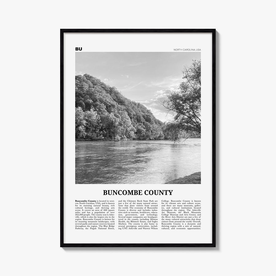 Buncombe County black & white newspaper poster of North Carolina, USA – vertical wall art, unframed print shown in interior m