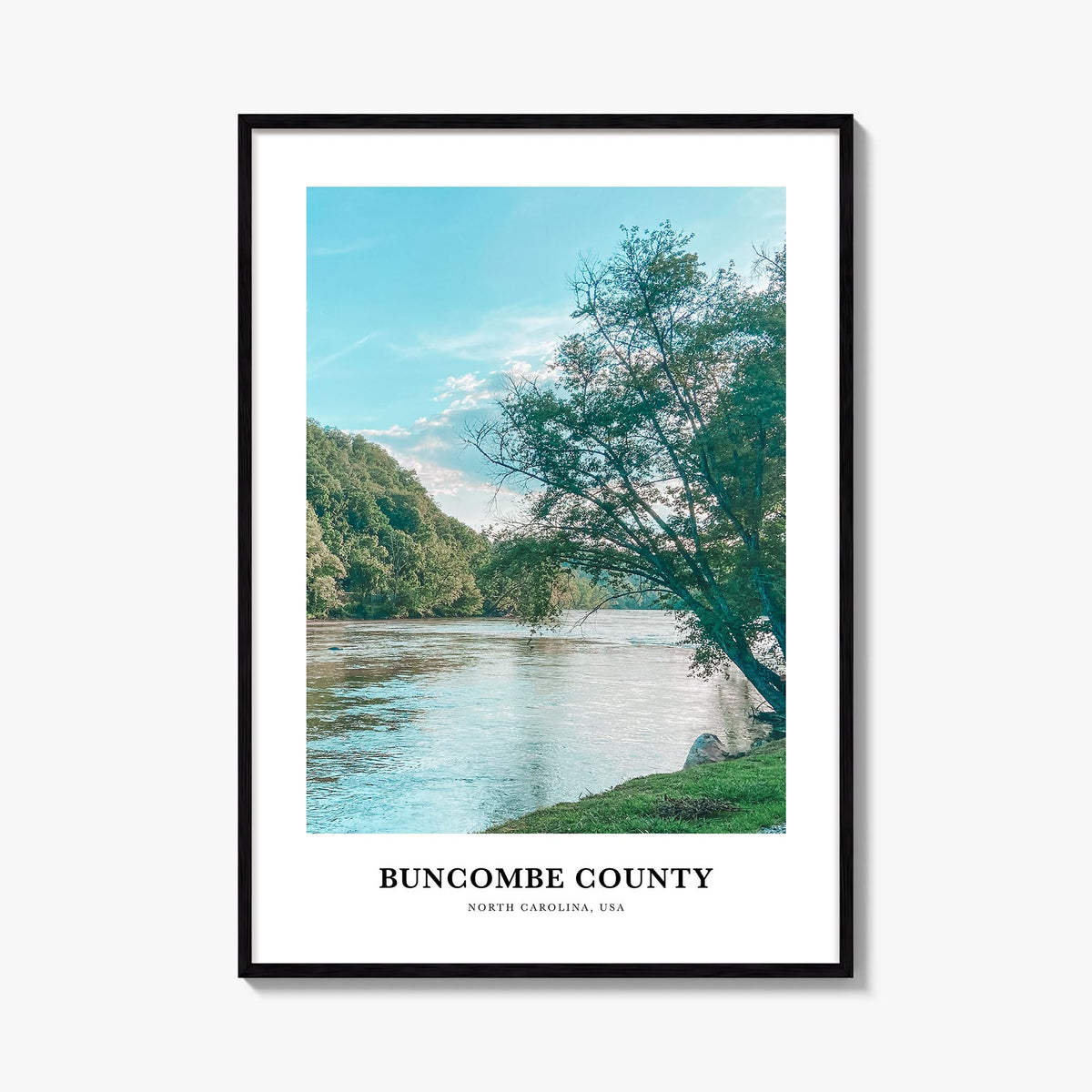 Buncombe County colorful classic poster of North Carolina, USA – vertical wall art, unframed print shown in interior mockup