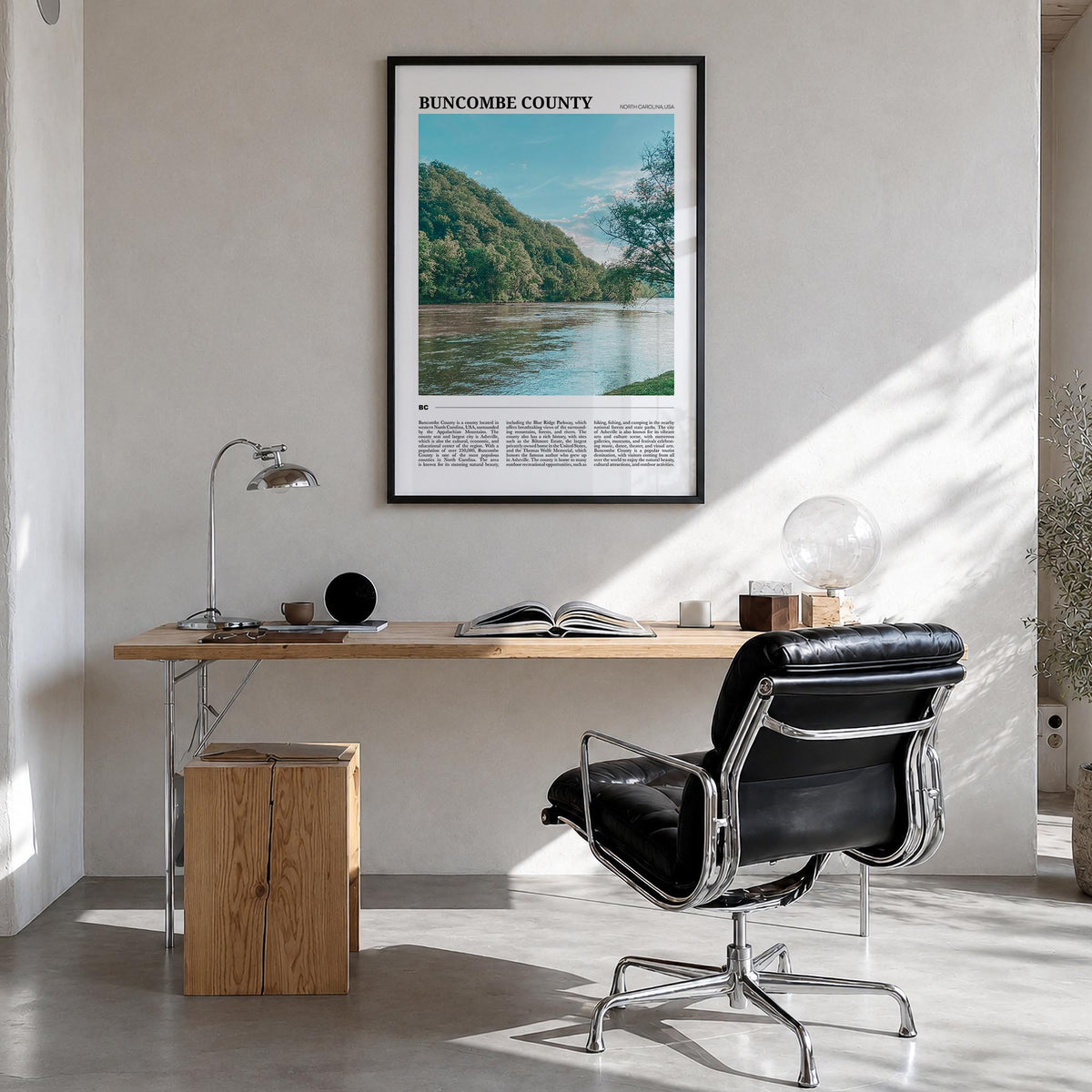 Buncombe County colorful travel poster of North Carolina, USA – vertical wall art in black wood frame, hanging on wall