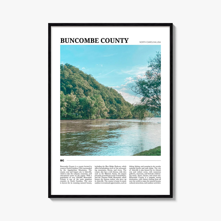 Buncombe County colorful travel poster of North Carolina, USA – vertical wall art, unframed print shown in interior mockup