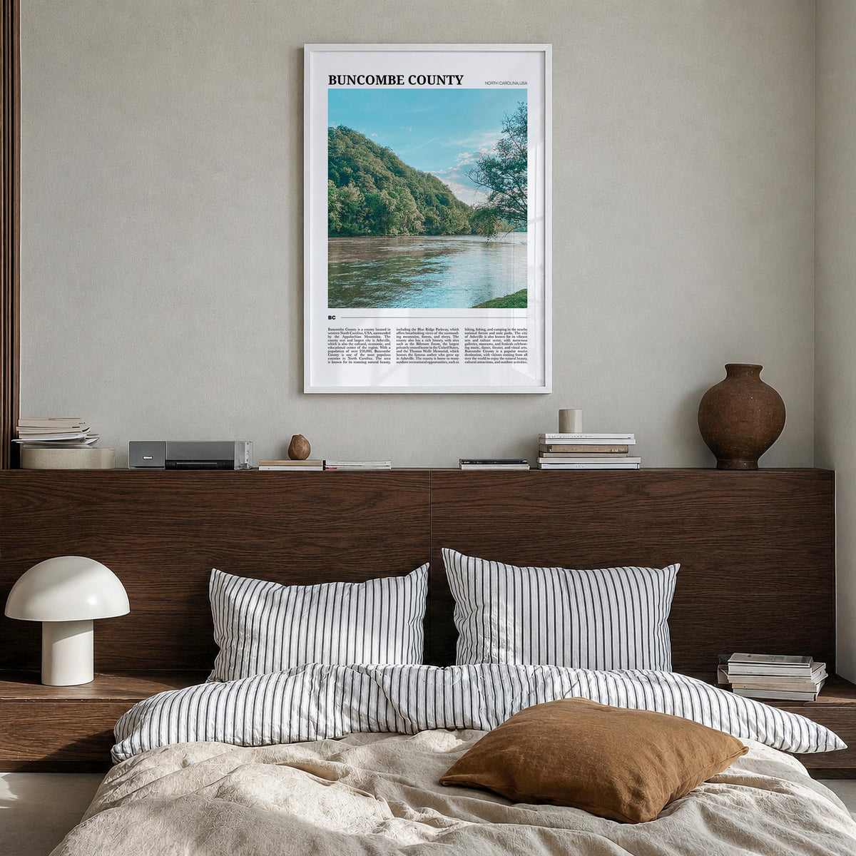 Buncombe County colorful travel poster of North Carolina, USA – vertical wall art in white wood frame, hanging on wall