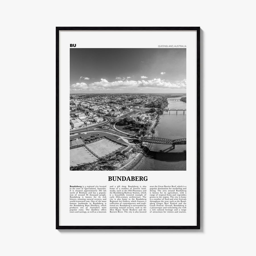 Bundaberg black & white newspaper poster of Australia – vertical wall art, unframed print shown in interior mockup