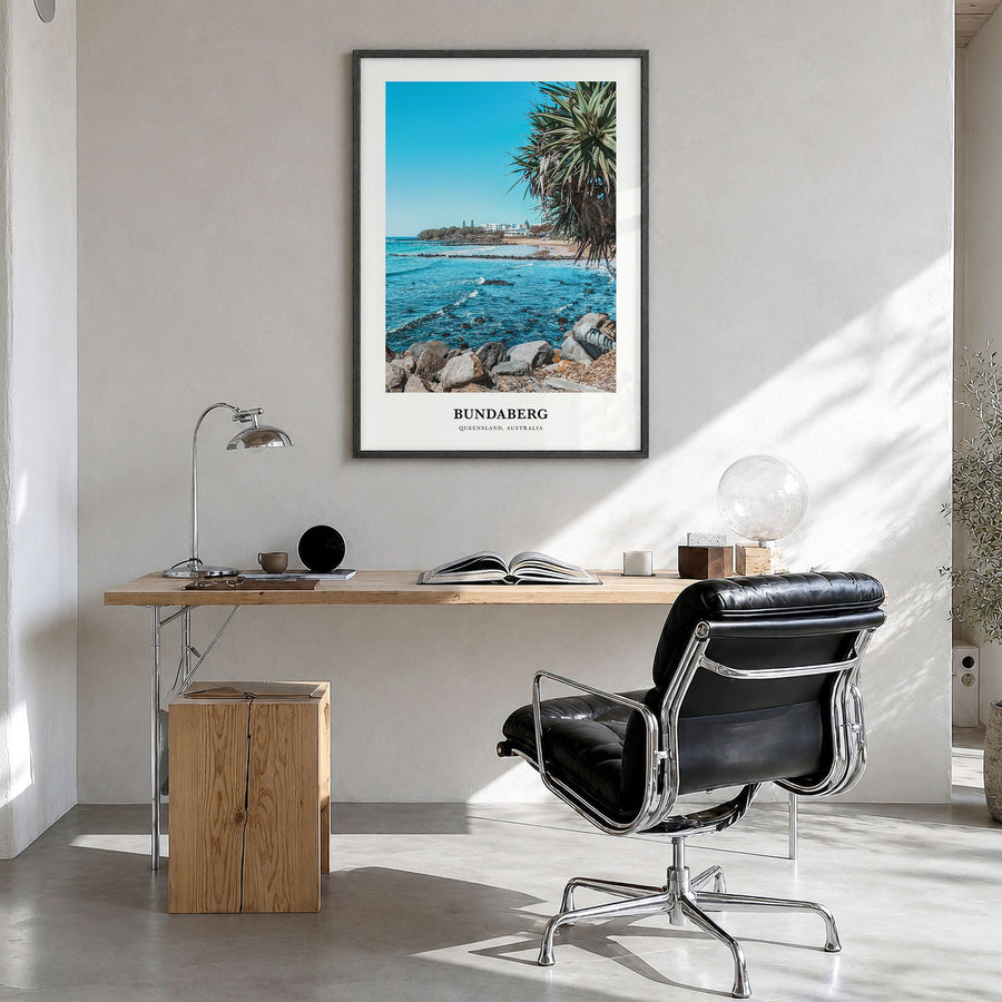 Bundaberg Classic No 2 Poster in a black wood frame, hanging in a bright home office