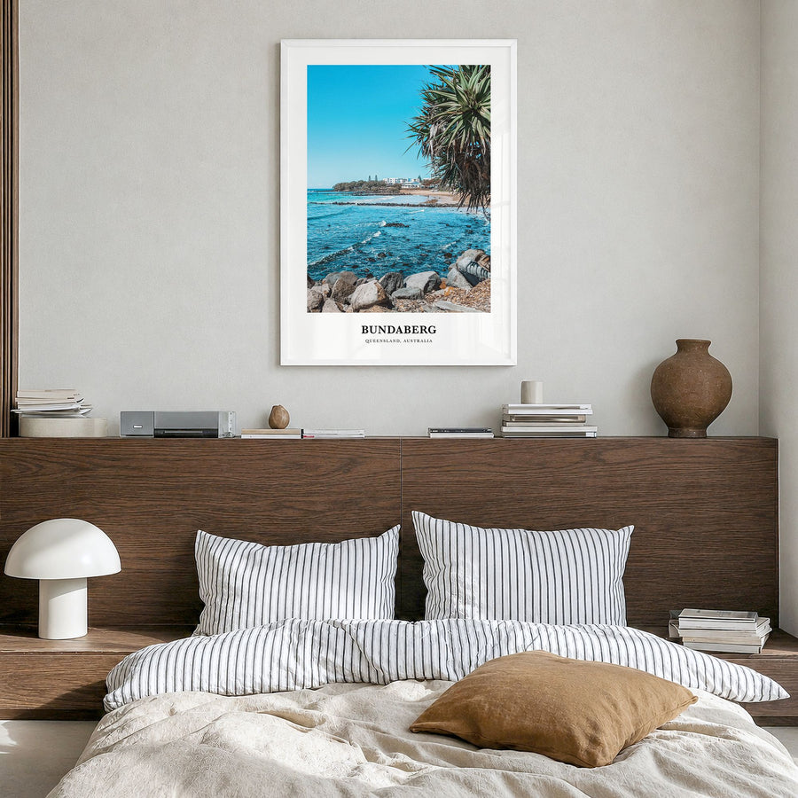Bundaberg Classic No 2 Poster in a white wood frame, hanging in a bedroom