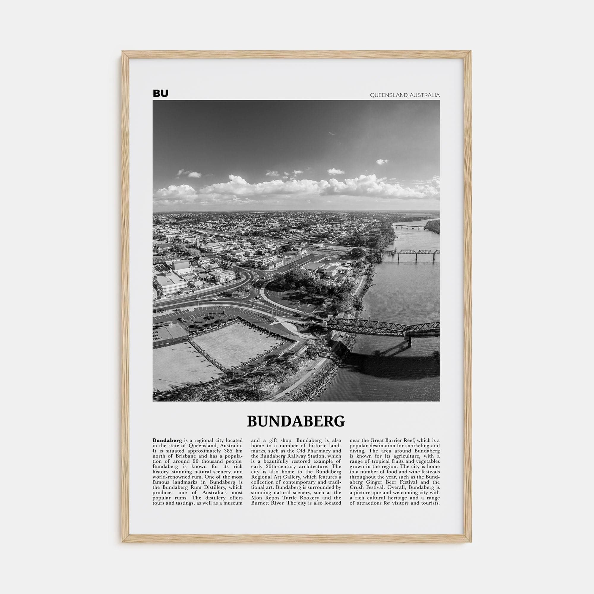 Bundaberg Poster Natural Wood / 8x12 in Nbourhood Travel B&W Poster