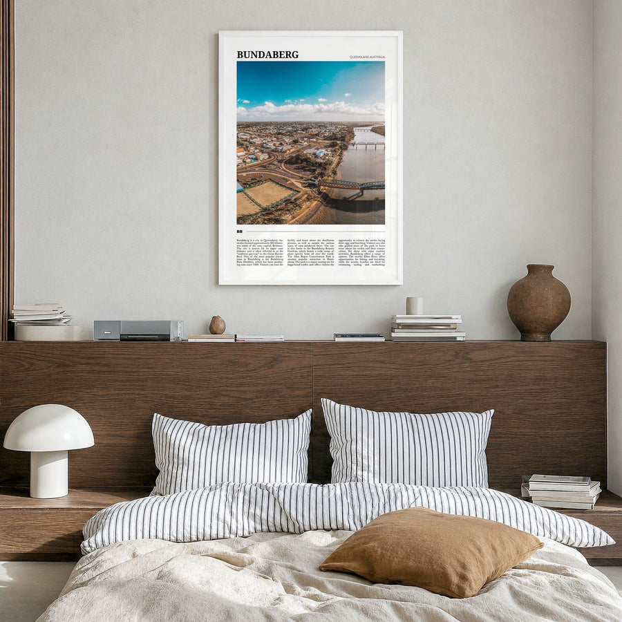 Bundaberg Travel No 1 Poster in a white wood frame, hanging in a bedroom