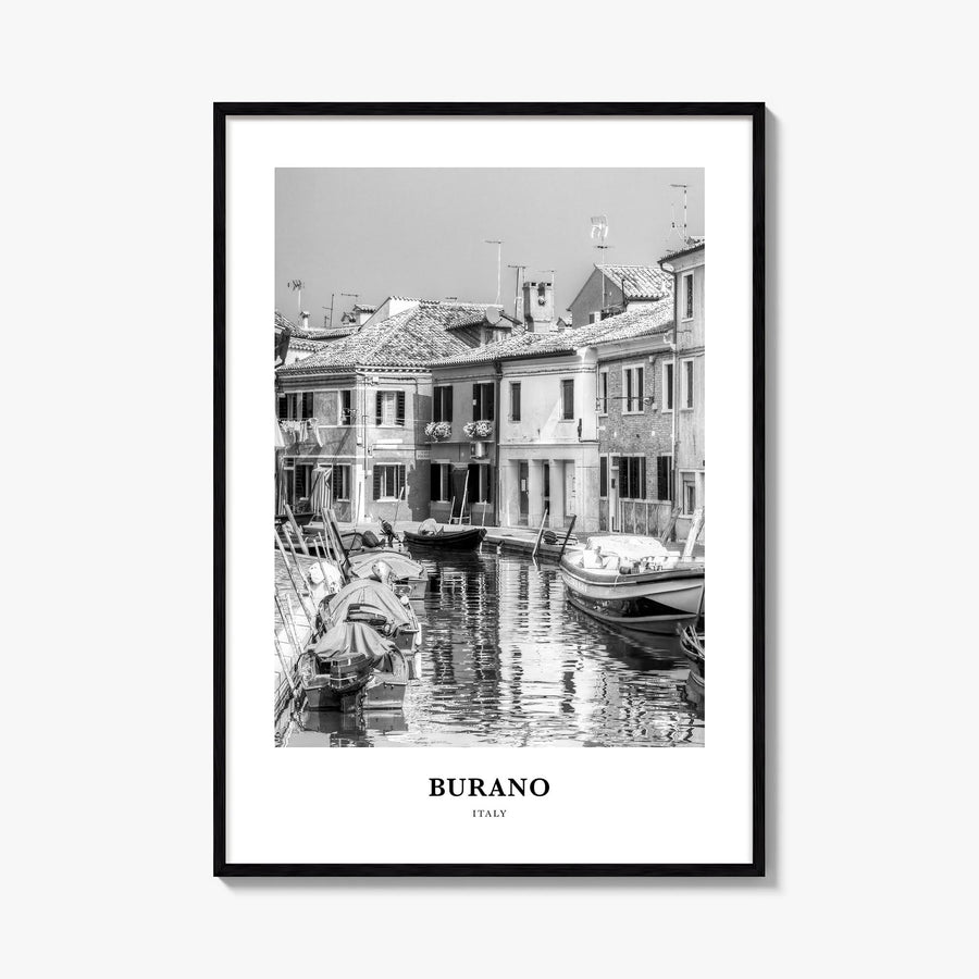 Burano black & white classic poster of Italy – vertical wall art, unframed print shown in interior mockup