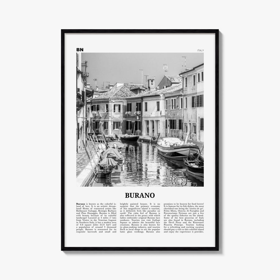 Burano black & white newspaper poster of Italy – vertical wall art, unframed print shown in interior mockup