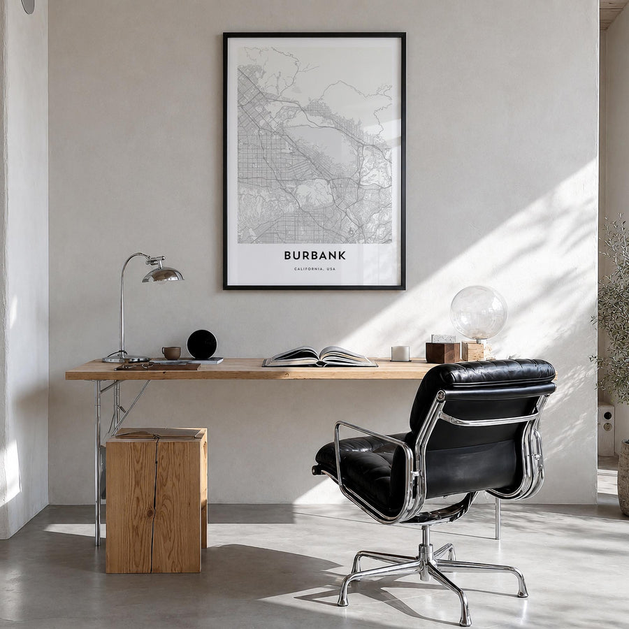 Burbank black & white map poster of California, USA – vertical wall art in black wood frame, hanging on wall
