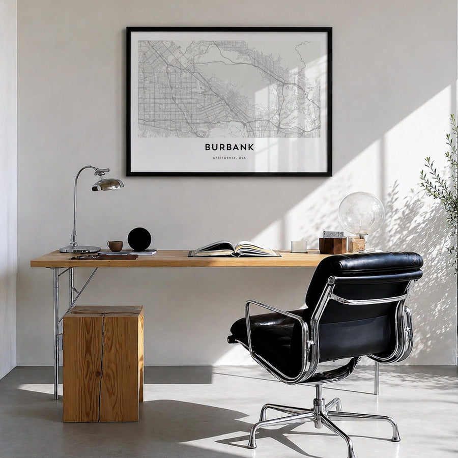 Burbank black & white map poster of California, USA – horizontal wall art in black wood frame, hanging on wall