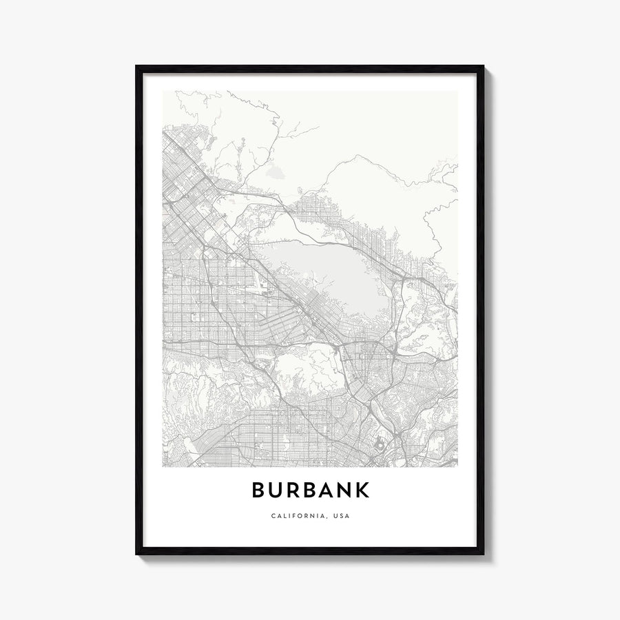 Burbank black & white map poster of California, USA – vertical wall art, unframed print shown in interior mockup