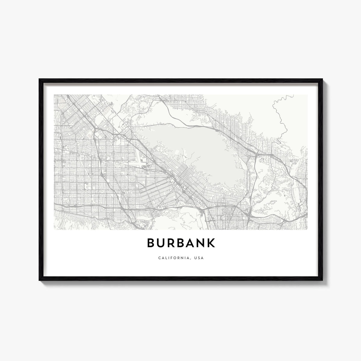 Burbank black & white map poster of California, USA – horizontal wall art, unframed print shown in interior mockup