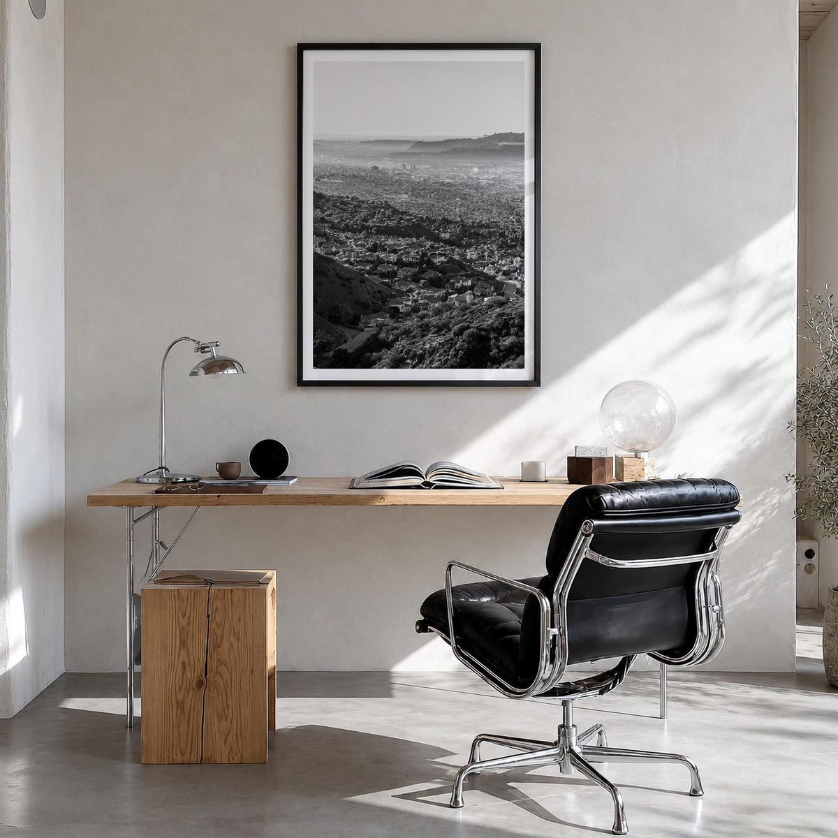 Burbank black & white photo poster of California, USA – vertical wall art in black wood frame with white border, hanging on w