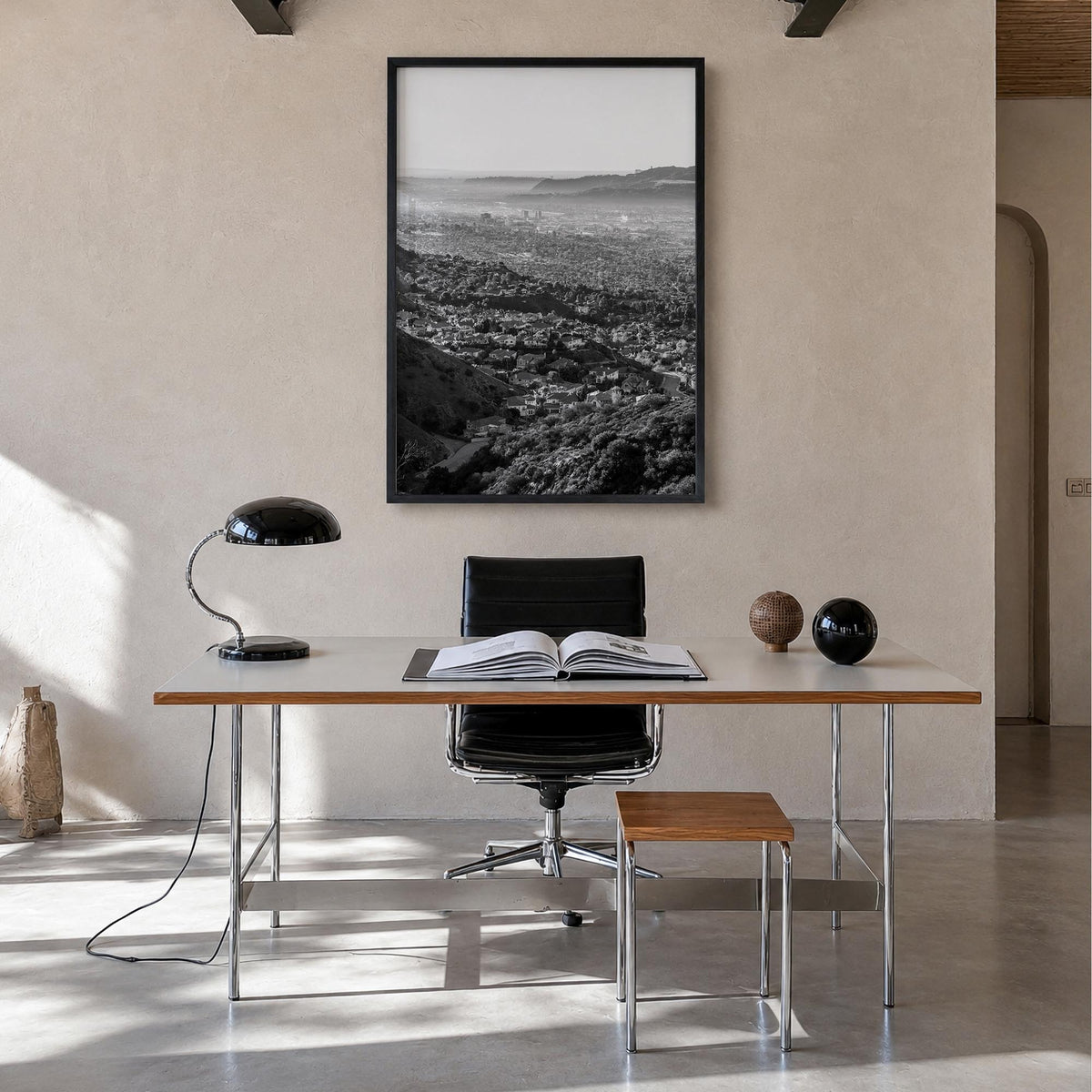 Burbank black & white photo poster of California, USA – vertical wall art in black wood frame, hanging on wall