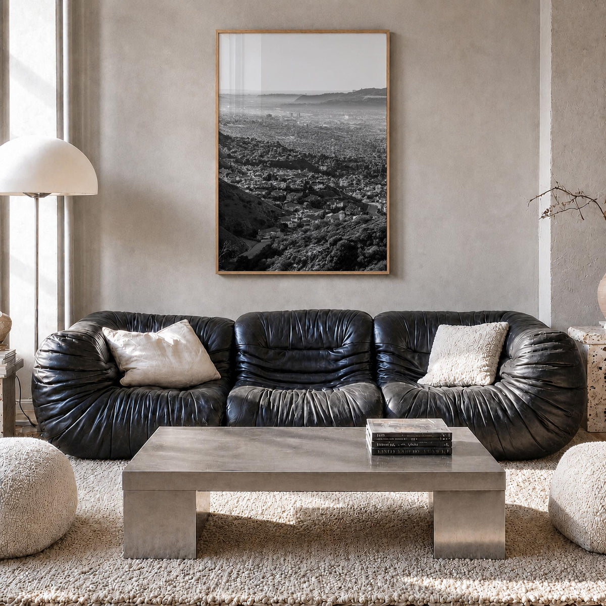 Burbank black & white photo poster of California, USA – vertical wall art in natural wood frame, hanging on wall